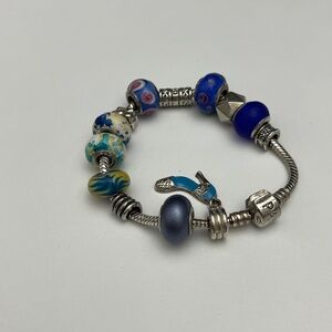 Pandora Vintage silver blue bracelet with 13 charms jewelry 925 silver